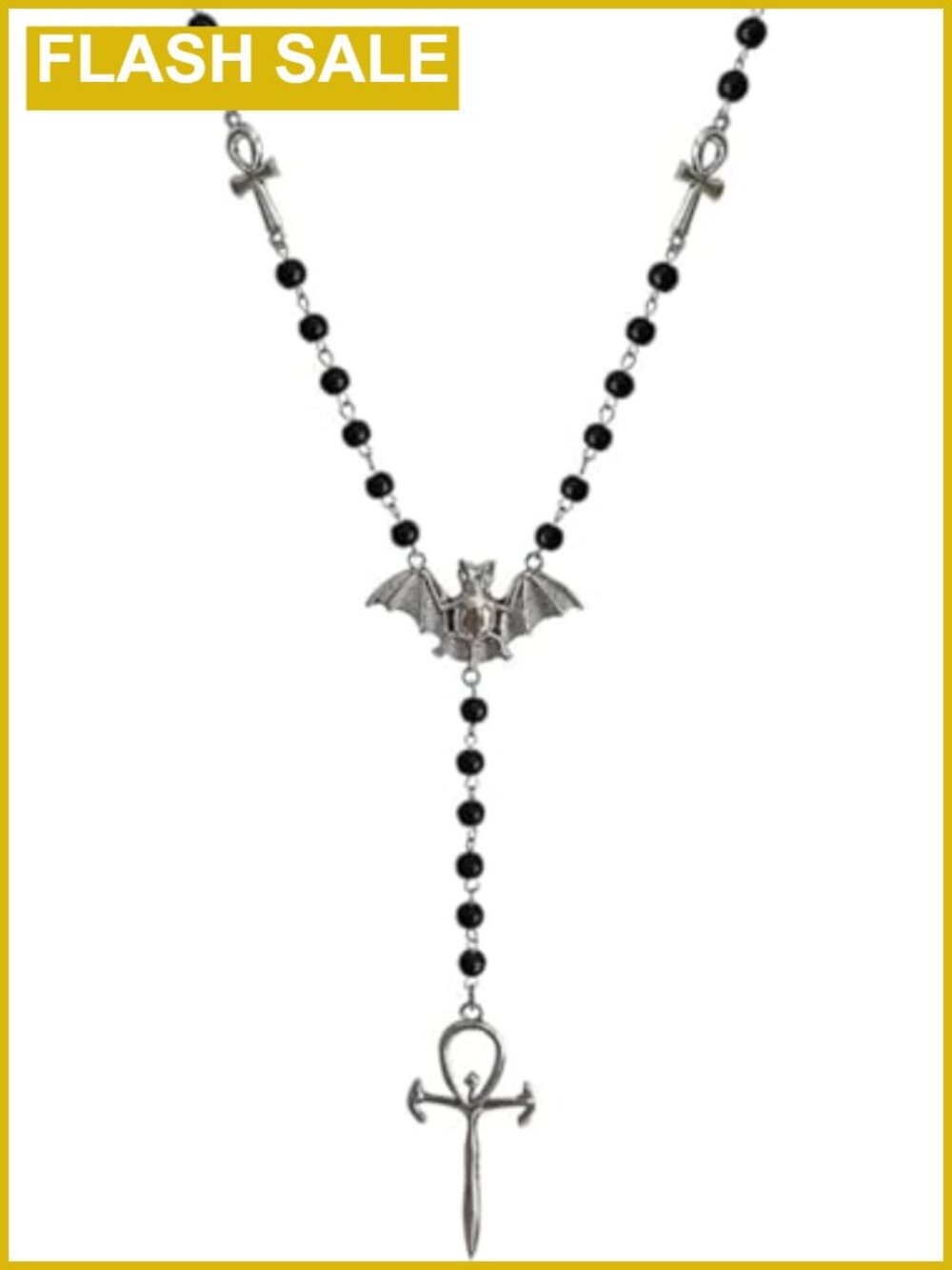 Gothic Ankh Cross Bat Y-Shaped Beaded Rosary Necklace for Women